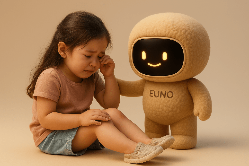 Euno rassurant une enfant en pleure.